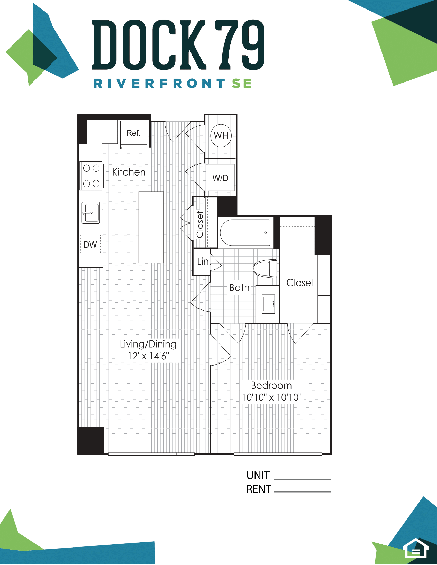 Floor plan for 1 bed, 1 bath, 664 sqft